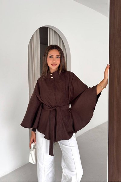 Neşeli Butik Jachetă poncho de damă, maro, din piele întoarsă texturată, cu g...