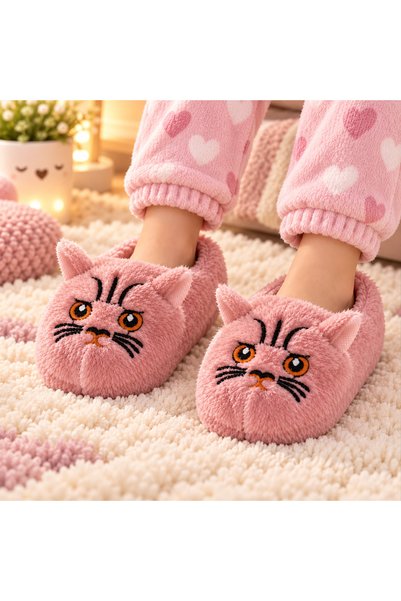 Beyza shoes Sevimli Kedi Figürlü Çocuk Pandufu – Yumuşak ve Sıcak Ev Terliği