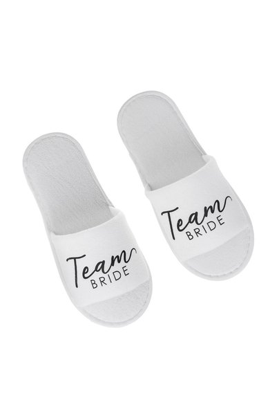 OEM Papuci de Casă Albi "Team Bride", Catifelați, Imprimeu Negru