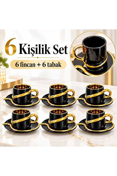valkyrie 6 Kişilik Siyah Gold Detaylı Türk Kahvesi Fincan Takımı 12 Parça Çey...