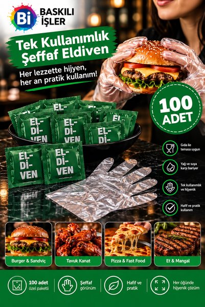 100 Adet Tek Kullanımlık Şeffaf Eldiven – Hijyenik, Pratik, Paketli Yemek Eldiveni | Burger, Tavuk, Kanat ve Fast Food İçin