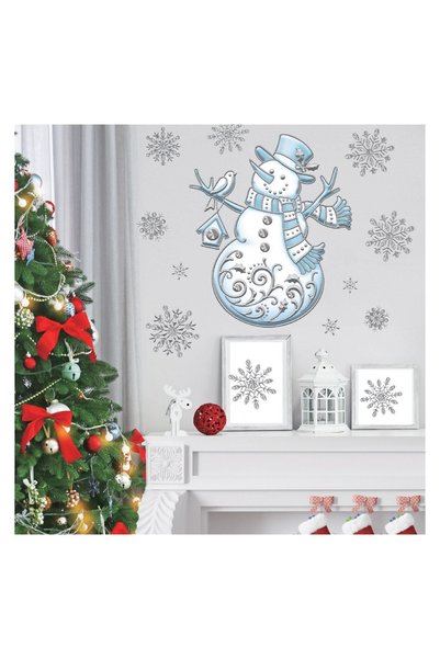 OEM Autocolant de Crăciun Decorativ Om de Zăpadă Fulgi Argintii Bleu 19×17,5 cm