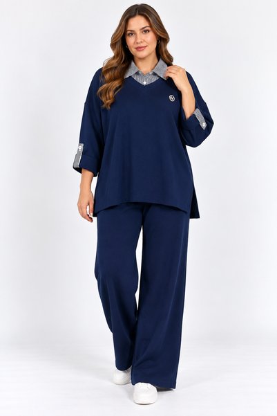 bezeXL Plus size shirt collar knitwear suit navy blue
