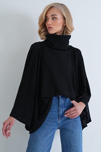 Trend Alaçatı Stili Kadın SİYAH Düşük Dik Yaka Örme Pelerin Bluz ALC-X15978