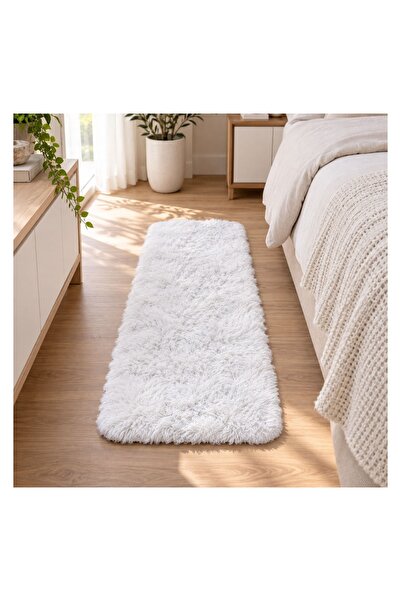 OEM Covoraș Hol Alb Shaggy 160x60 cm, Blană Artificială – Moale și Elegant