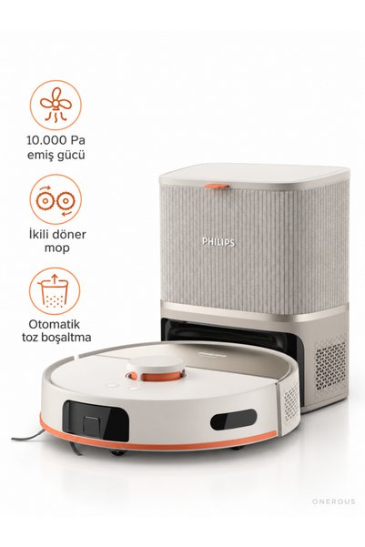 Philips 10.000 Pa Çift Moplu Toz Boşaltmalı Lazer Haritalı Robot Süpürge İpek Beji + Mutfak Tartısı(Onerous)
