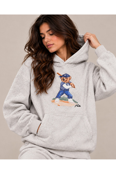 TOP CLOTHE Women's Hoodie with Baseball Bear Graphic and Glittery Detailing A...