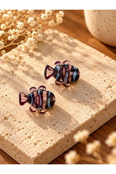 ADAMODART Handmade Murano Glass Purple Transparent Fish Beads (2 Pieces)