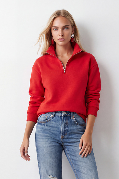 Trend Alaçatı Stili Γυναικείο ΚΟΚΚΙΝΟ φούτερ με ψηλό γιακά και φερμουάρ, 3 κλ...