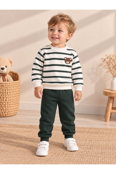 Organic Product DimpleBaby Unisex Bebek Ayıcık Baskılı Çizgili 2'li Takım