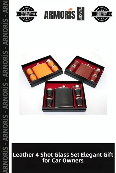 Armoris Leather 4 Shot Glass Flask Set, Stylish Set, Presentation Tool, New Y...