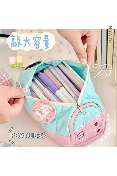 synshop Kawaii Soft Ribbon House Pattern Multi-Compartment Pencil Case – Large Capacity Zippered Organizer Pen Holder