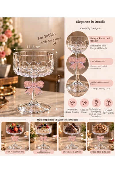 Dem Home 2 Pieces of Glass Serving Bowl with Bowknot Base and Pink Detail, Dessert Bowl, Ice Cream Bowl and Serving Bowl - 17 cm