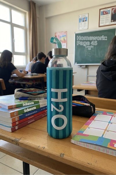 H2O Desenli Kilifli 750 ml Glass Bottle * Line Green