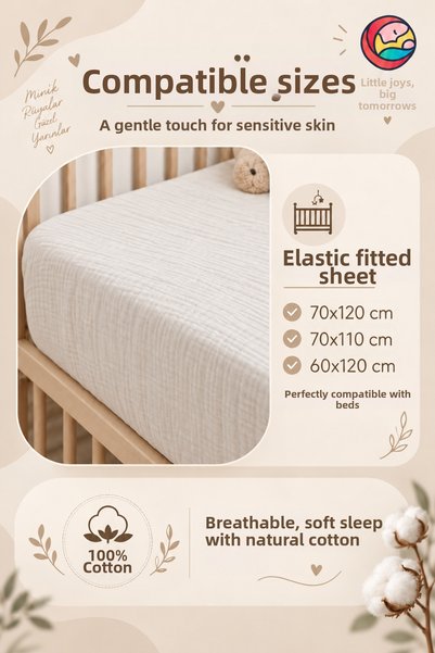 Anne Sesi Bürümcük Muslin Fitted Sheet 70x110 Cm 100% Organic Cotton +15 Cm Bed Height