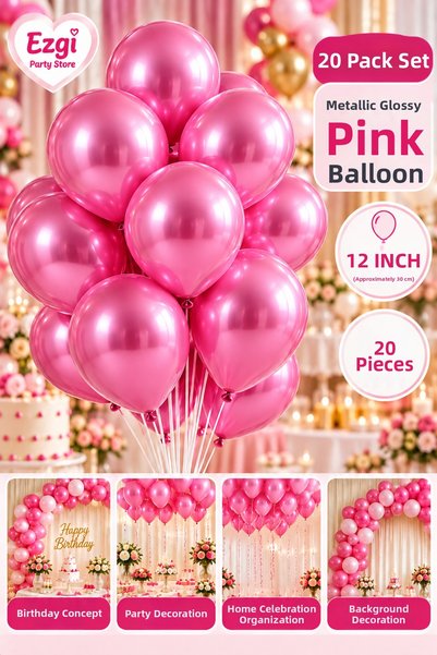 Ezgi Party Store Set of 20 Metallic Shiny Pink Balloons 12 Inch Birthday Ball...