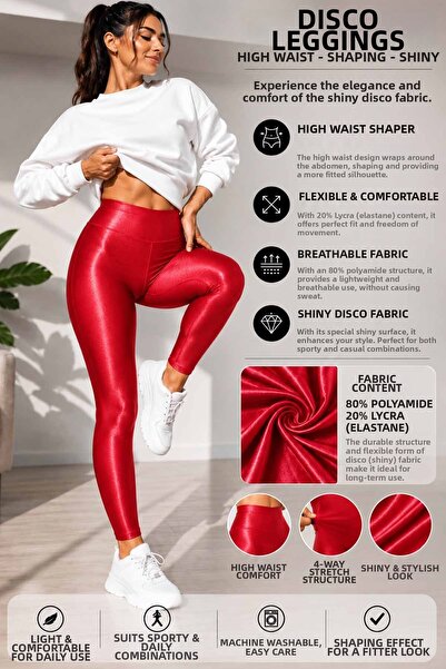 vynor atelier Women's Leggings - High Waist Shaping & Shiny Textured Disco Le...