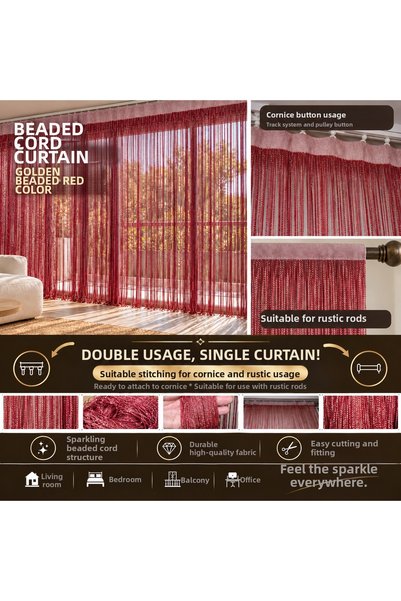AKÇA TEKSTİL Ip Curtain Special Series Thin Chain Silver Silvery Red Color (1...