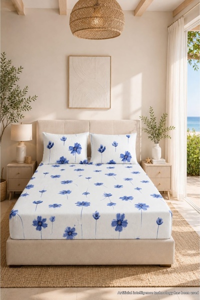 HOMENUP 160X200 Patterned Double Elastic Sheet Set with Cotton Pillowcase