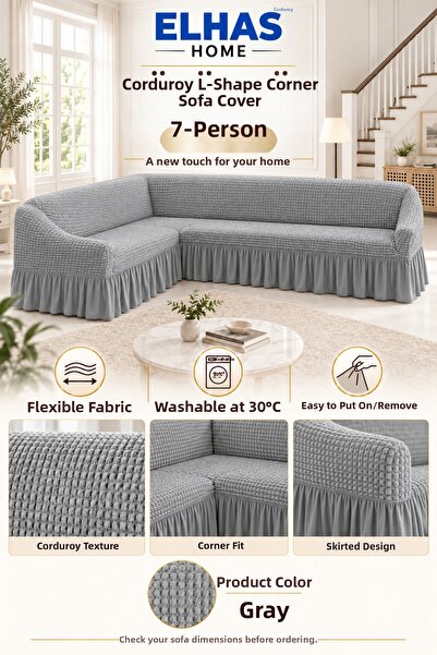 ELHAS Bürümcük Fabric 7-Seater L Corner Sofa Cover with Skirt