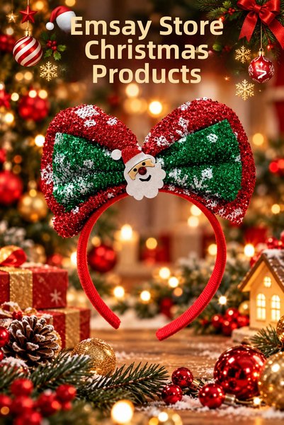 Emsay Store تاج عيد الميلاد - تاج كبير مزين بفيونكة لامعة، إكسسوار شعر عيد ال...