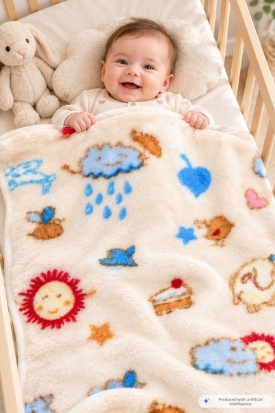 GÜLERBEBECİX Baby Blanket Unisex Cloud Sun Patterned Blanket Ecru