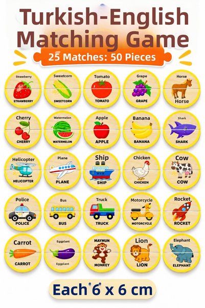 212toyzz Wooden Turkish English Matching Game – Animals, Fruits, and Vehicles 2-Piece Educational Learning Toy