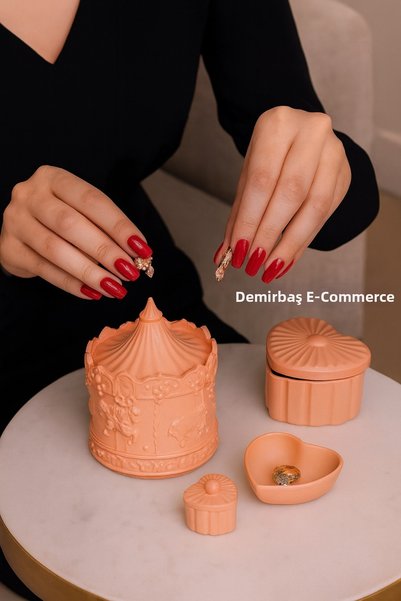 Demirbaş Home Pastel Orange - Jewelry Box with Carousel Design and Set of 3 H...