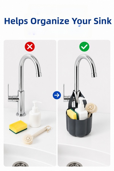 FLY LIFE Hanging Faucet Organizer, Sink Edge Sponge Brush and Soap Holder Basket (1 Piece)