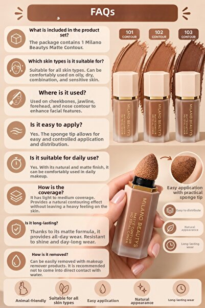 MİLANO BEAUTYS Matte Contour Liquid Contour with Sponge Tip – Face Sculpting and Shading – 101 / 102 / 103