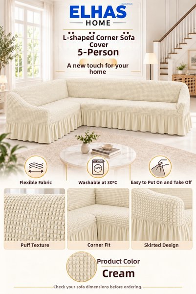 ELHAS Bürümcük Fabric 5-Seater L Corner Sofa Cover with Skirt