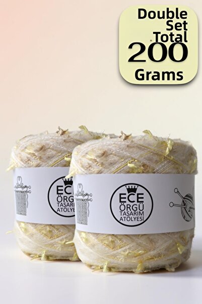Ece Örgü Tasarım Atölyesi Set of Three Layers of Ecru Angora and Yellow Velve...