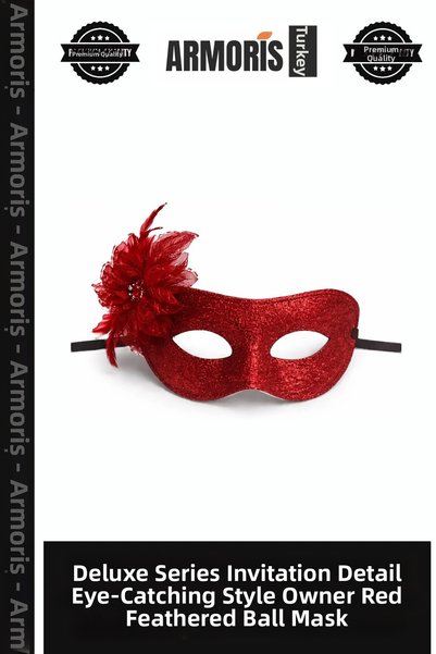 Armoris Delux Series Event Detail Glamorous Stylish Red Glittery Feathered Prom Mask