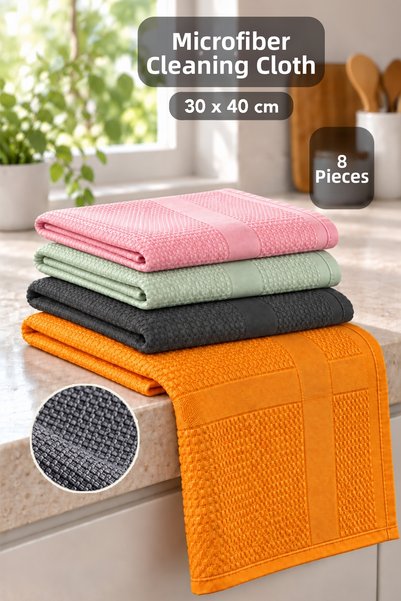 Meleni Home 8 Pieces 30X40Cm Microfiber Cleaning Set - Glass Dust Dirt Drying High Water Absorbent Kitchen Cleaning Cloth