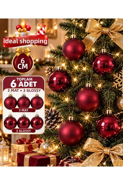 Bkmc Set de 6 ornamente pentru brad de Crăciun în culorile kaki, violet, auriu, bleumarin, albastru, fucsia, bordeaux și roșu, 6 cm – 3 mate, 3 lucioase, set de ornamente tip bilă pentru brad de Crăciun.