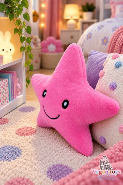 vagontoys Cute Smiling Star Plush Pillow Sleeping Companion with Pink and Baby Blue Color Options 35X35 cm