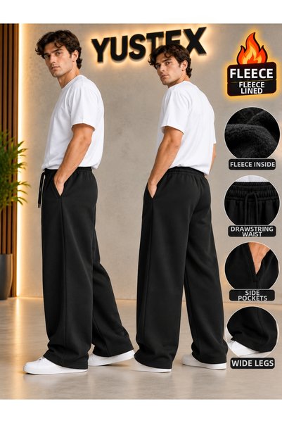 yx yustex sport 2 Winter Black Sweatpants with Inner Piping - 2 Black Sweatpants Will Be Sent - Loose Fit Oversize Style