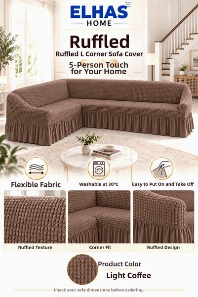 ELHAS Bürümcük Fabric 5-Seater L Corner Sofa Cover with Skirt