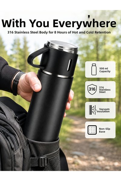 Lisinya Thermos Set 3-Piece Cup Set Heat Resistant Black Stainless Steel Vacu...