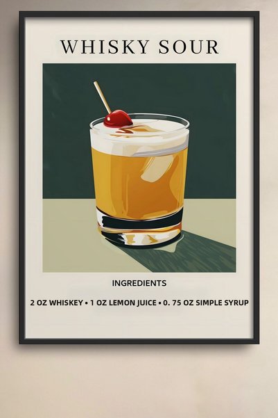HOMEPACK Whiskey Sour Cocktail Recipe Dark Green Retro Framed Painting Cocktail Poster Bar Kitchen Decor Kok13