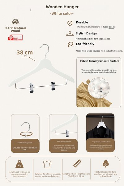 NYN Wooden M002Çm Hanger with Latch 38cm for Women's and Teenagers' Shirts, S...
