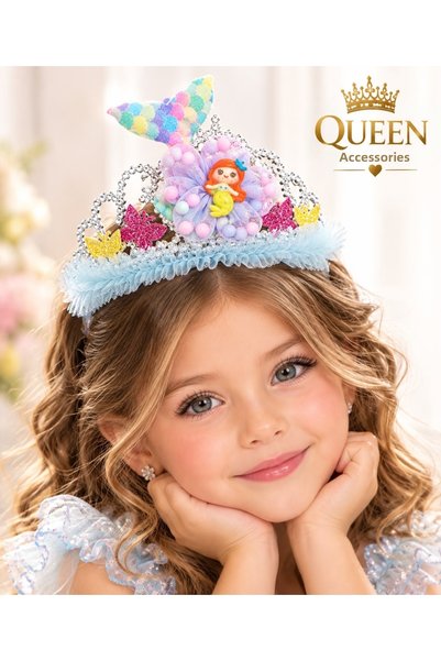 QUEEN AKSESUAR تصميم تاج الأميرة الأزرق المصنوع من التول على شكل حورية البحر مع ذيل قوس قزح لحفلات أعياد ميلاد الفتيات