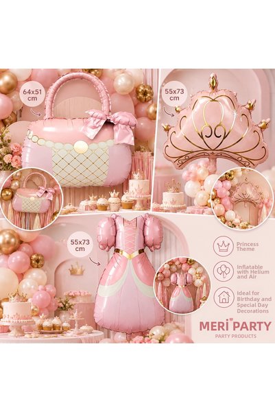 MERİ PARTİ Princess Themed Birthday Balloon Set – Pink Gold 50 Piece Latex Balloons, Bag, Dress and Crown Foil Balloons