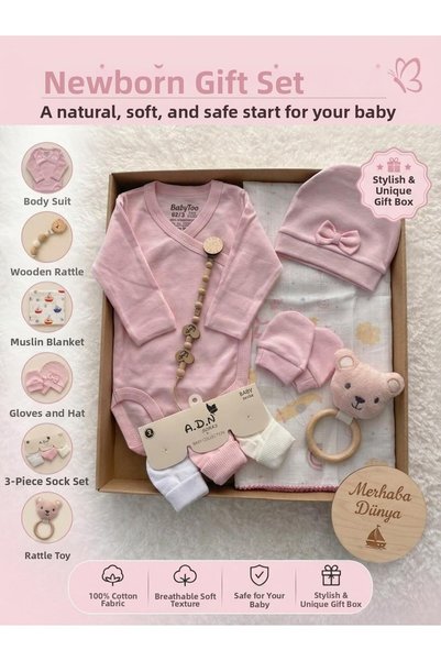 Kereminko Bebek Newborn Baby Girl Gift Set with Toys |   Muslin Blanket, Body...