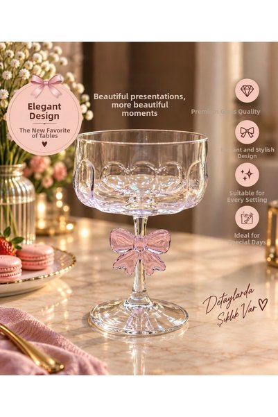 Dem Home 4 Pieces of Glass Serving Bowls with Bowknot Feet, Pink Detailed Dessert Bowl, Ice Cream Bowl and Serving Bowl - 17 cm