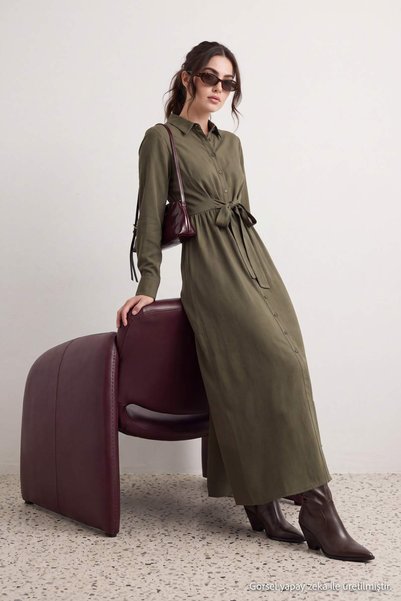 Trendyol Modest Haki haljina-košulja sa vezivanjem i detaljima, maksi tkana h...
