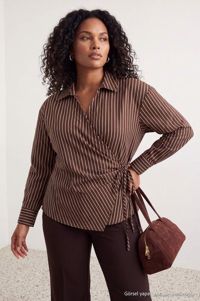 Trendyol Curve Brown Striped Double Breasted Lacing Detailed Oversize Shirt T...