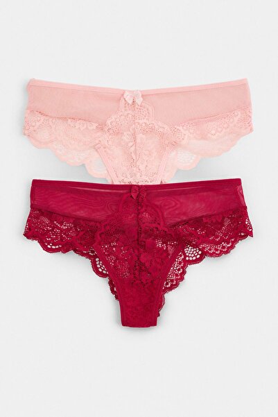 Trendyol Collection Powder-Multicolor 2-Piece Lace Plain Thong Panties Thmaw2...