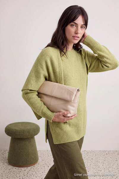 Trendyol Modest Oil Green High Collar Plain Shawl Knitwear Hijab Sweater Tcta...