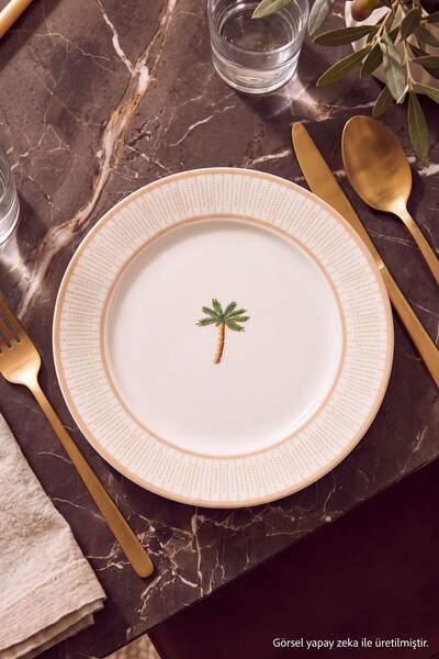 TRENDYOLMİLLA HOME Set of 4 Palm Tree Patterned Porcelain Cake Plates 20 cm T...